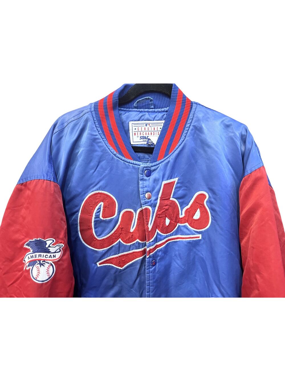 Chicago Cubs 90s STARTER satin bomber SCRIPT jacket XL blue red MLB baseball vtg